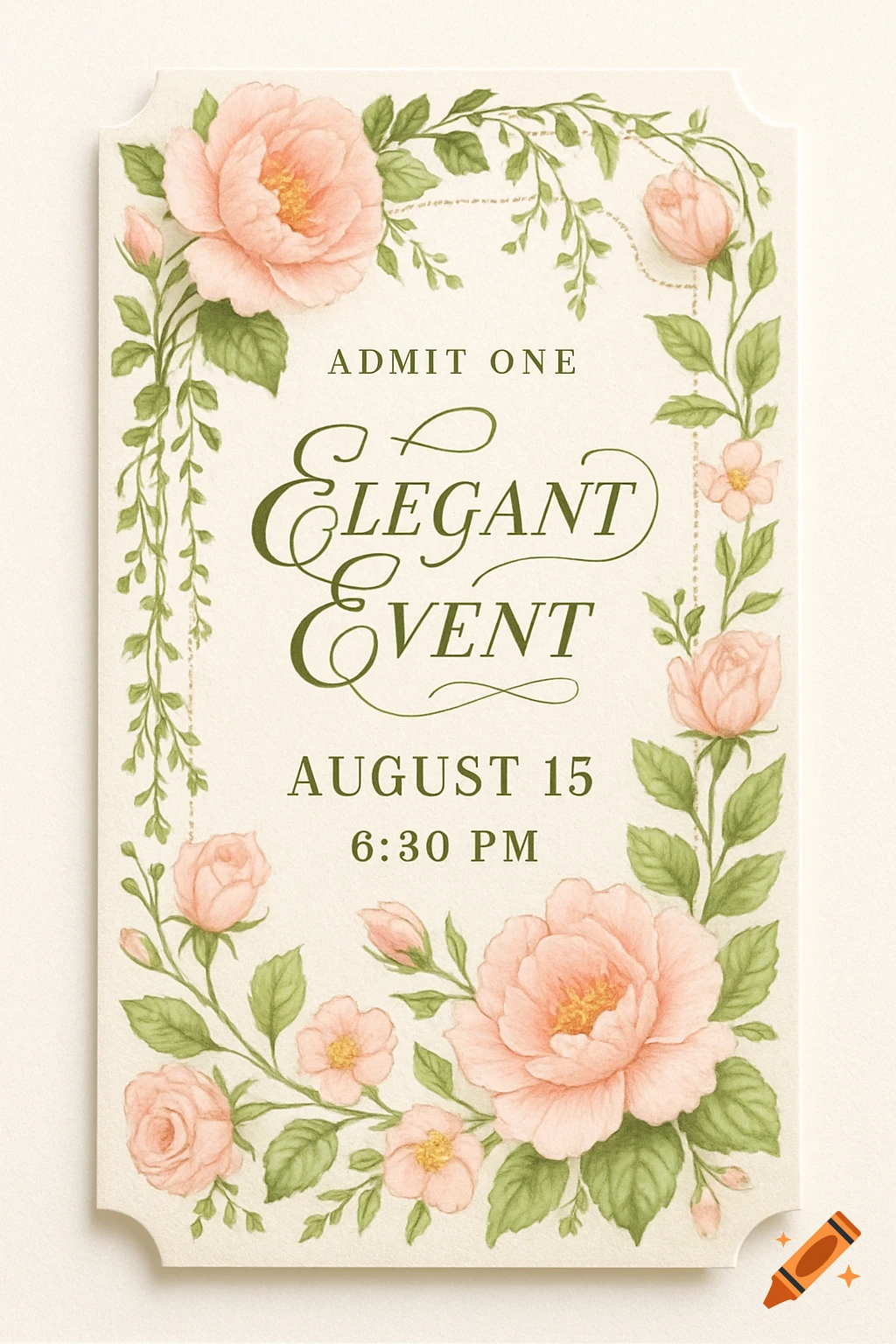 An elegant event ticket in a vintage watercolor style, framed by pink roses and green leaves, with text 'ADMIT ONE ELEGANT EVENT AUGUST 15 6:30 PM'.