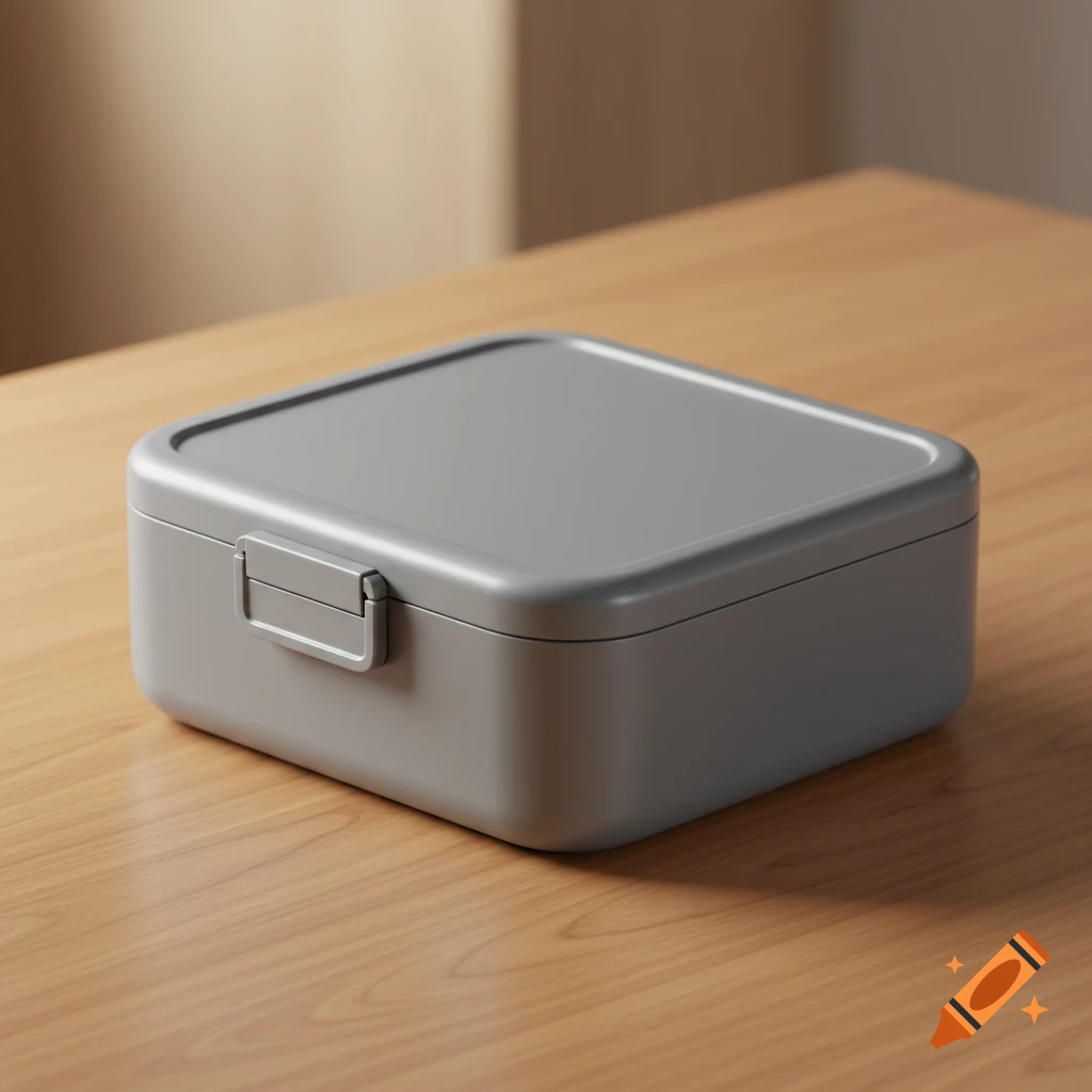 A minimalist gray rectangular lunchbox with a secure lid and clasp, resting on a light wooden table in a photorealistic style.