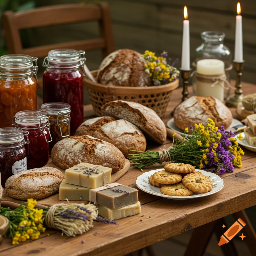 A rustic wooden table laden with homemade bread loaves, jars of preserves, cookies, bundles of flowers, lit candles, and artisan soaps.
