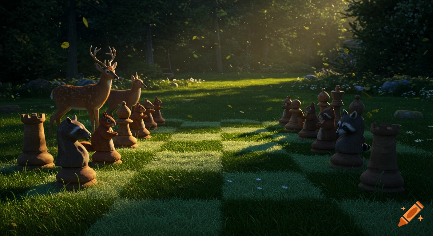 A stylized chessboard made of grass in a sunlit forest clearing, with deer observing animal-themed chess pieces like raccoons and squirrels.