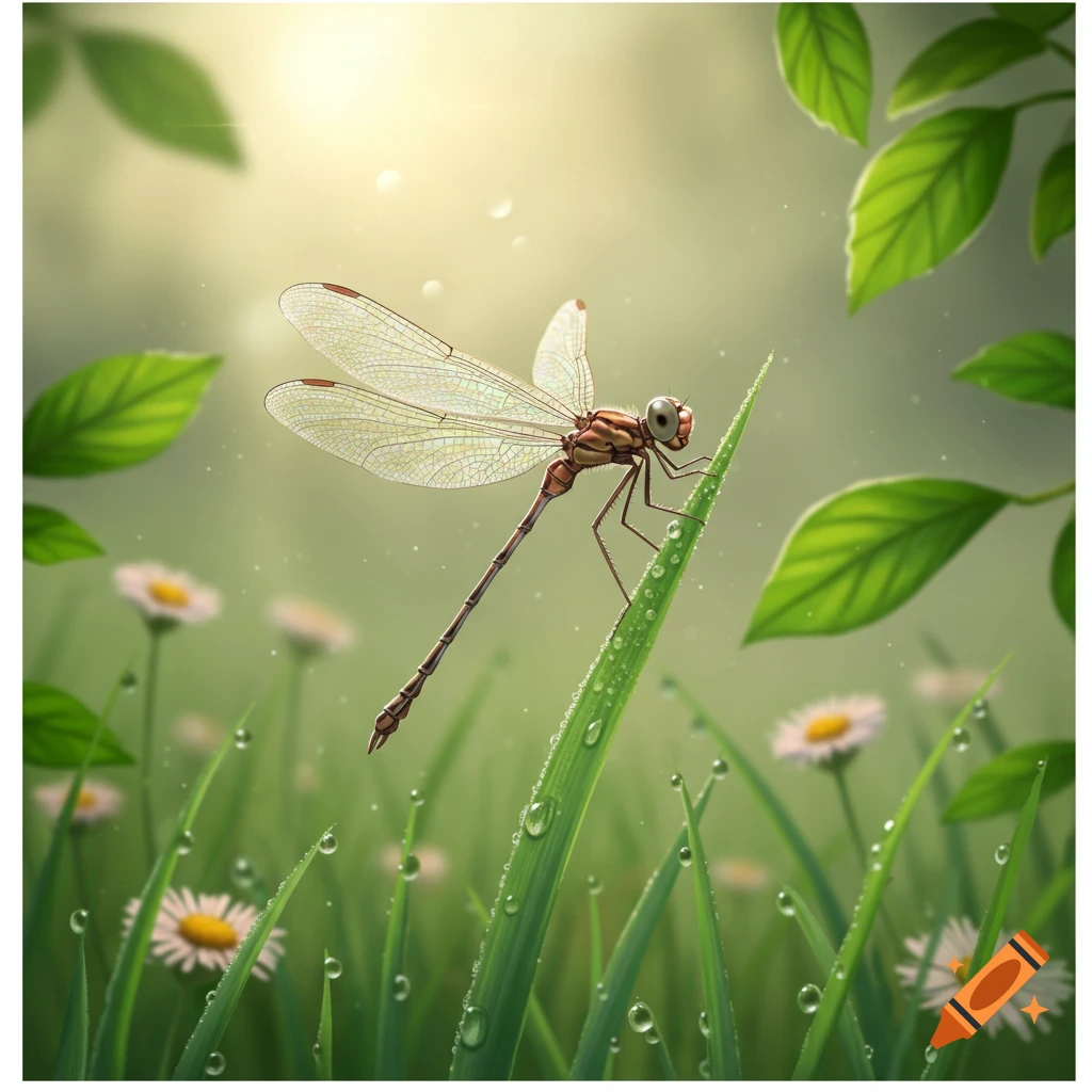 A detailed dragonfly perches on a dewy blade of grass in a sunny field ...