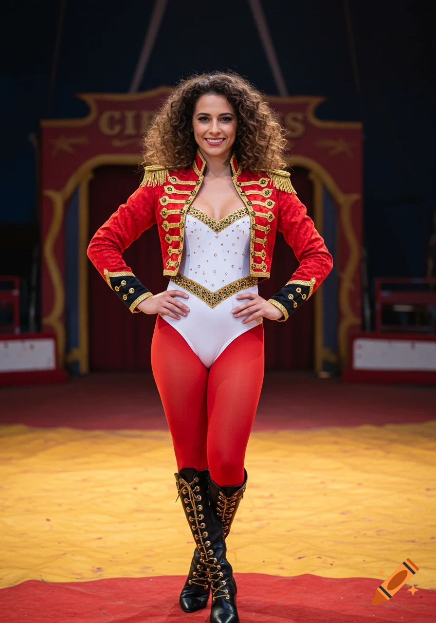 A smiling woman with curly brown hair in a red and gold circus uniform, white leotard, red tights, and black boots stands in a circus ring.