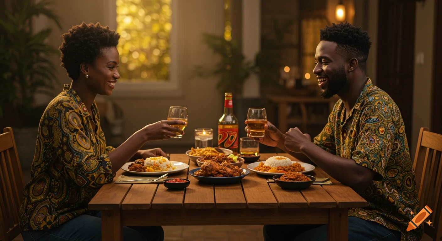 A photorealistic image of two African friends smiling and toasting drinks while sharing a traditional African meal at a wooden table in warm light.