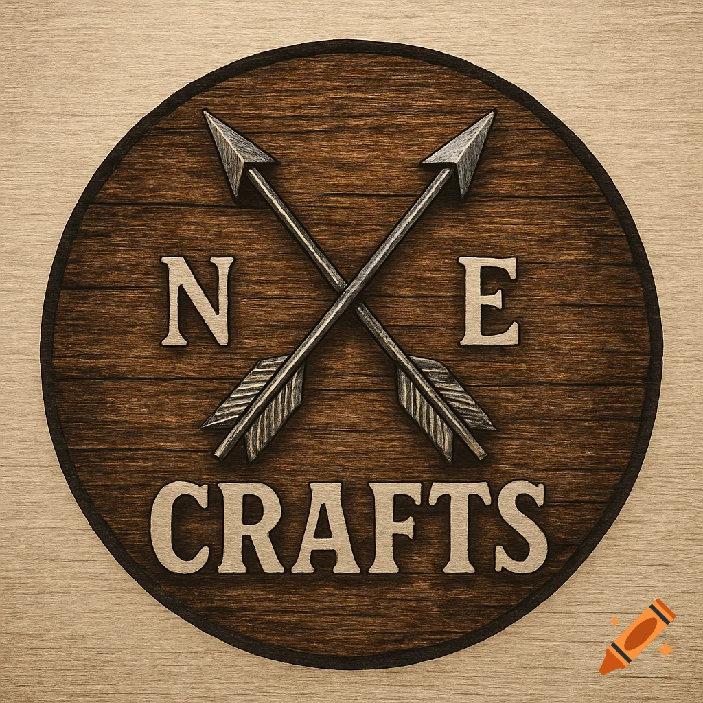 A circular wooden logo featuring a wood grain background. Two crossed metal arrows point upwards, flanked by the letters "N" and "E" on either side, with the word "CRAFTS" carved below the arrows.