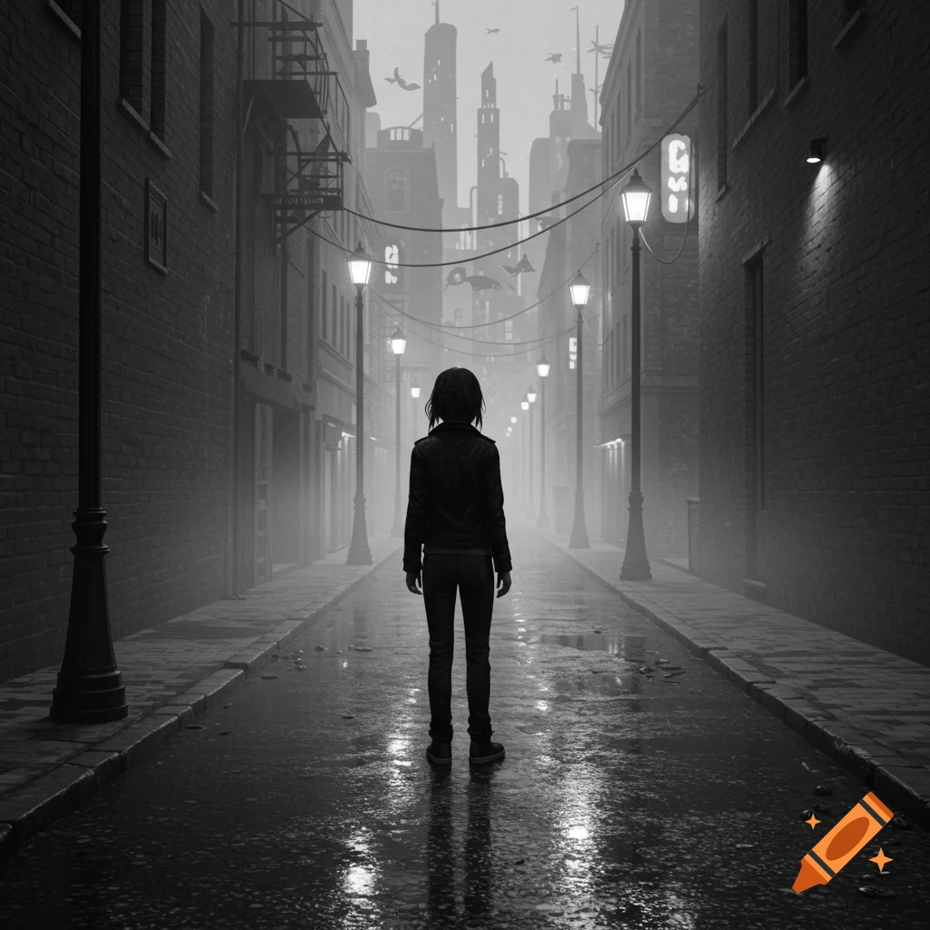A lone person stands with their back to the viewer in a misty, wet city alleyway at night, looking towards a futuristic skyline, in black and white.