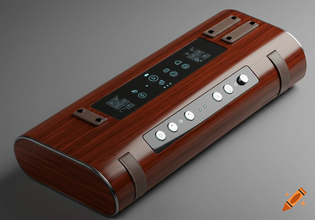 A sleek, luxurious power strip made of dark wood, polished metal, and leather straps, featuring a screen with blue UI and white buttons, on a grey background.