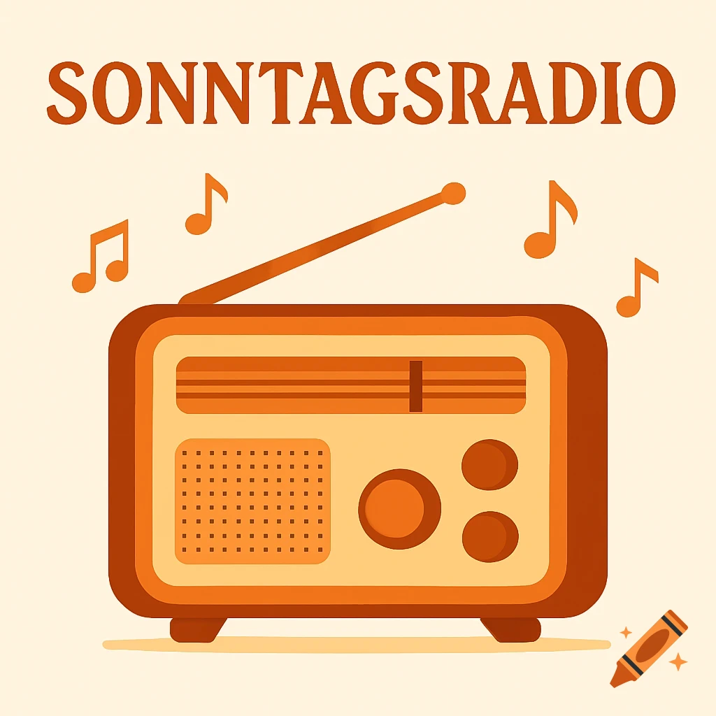 Stylized illustration of a vintage radio with music notes and 'SONNTAGSRADIO' text.