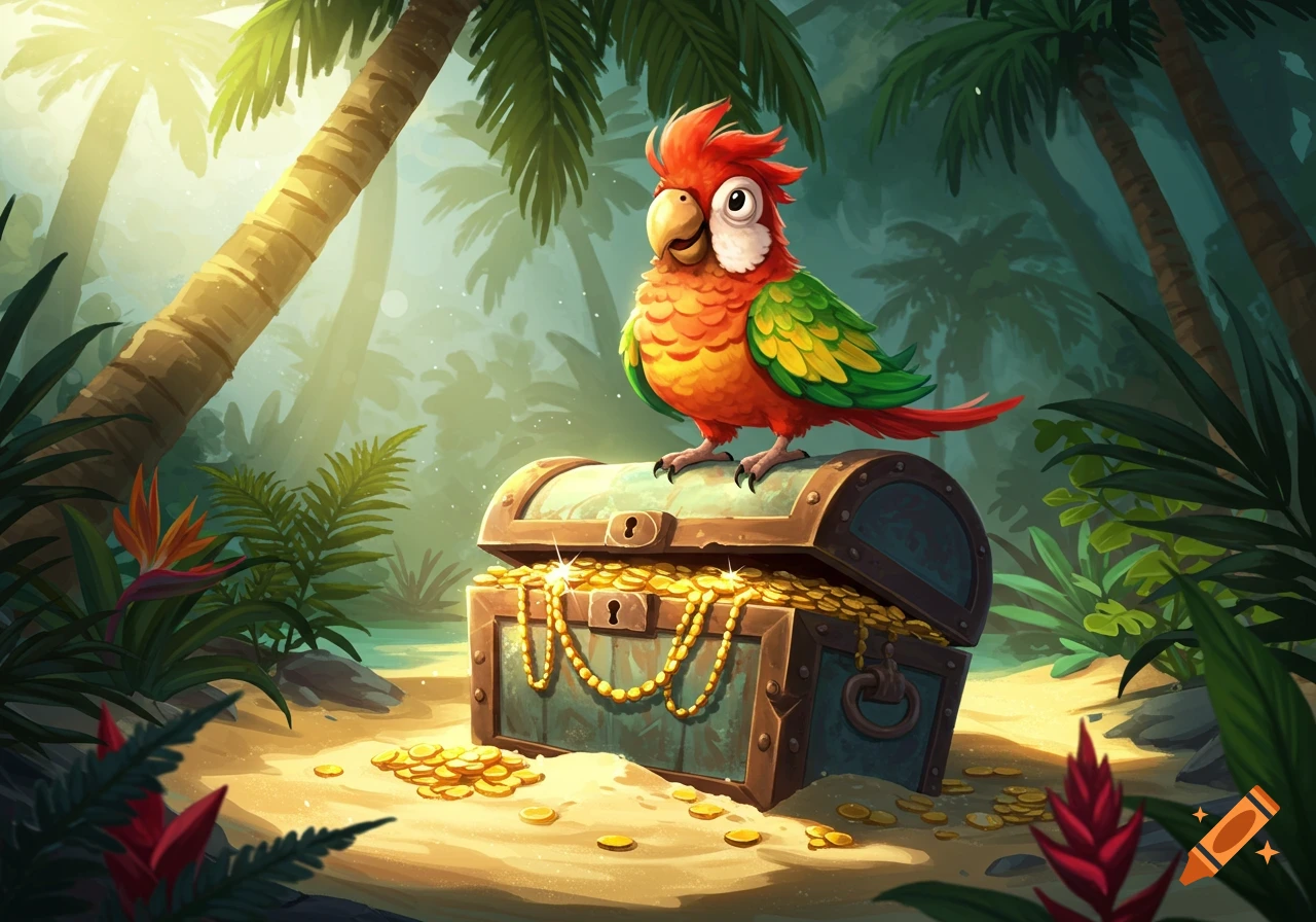 Colorful cartoon parrot perched on an open treasure chest filled with gold, in a sunlit tropical jungle.