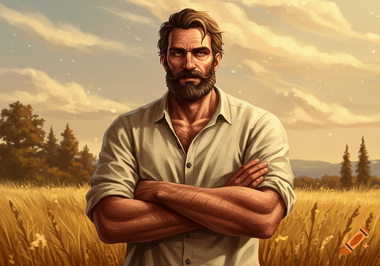 A stylized illustration of a rugged, bearded man with crossed arms standing in a golden field under a cloudy sky.