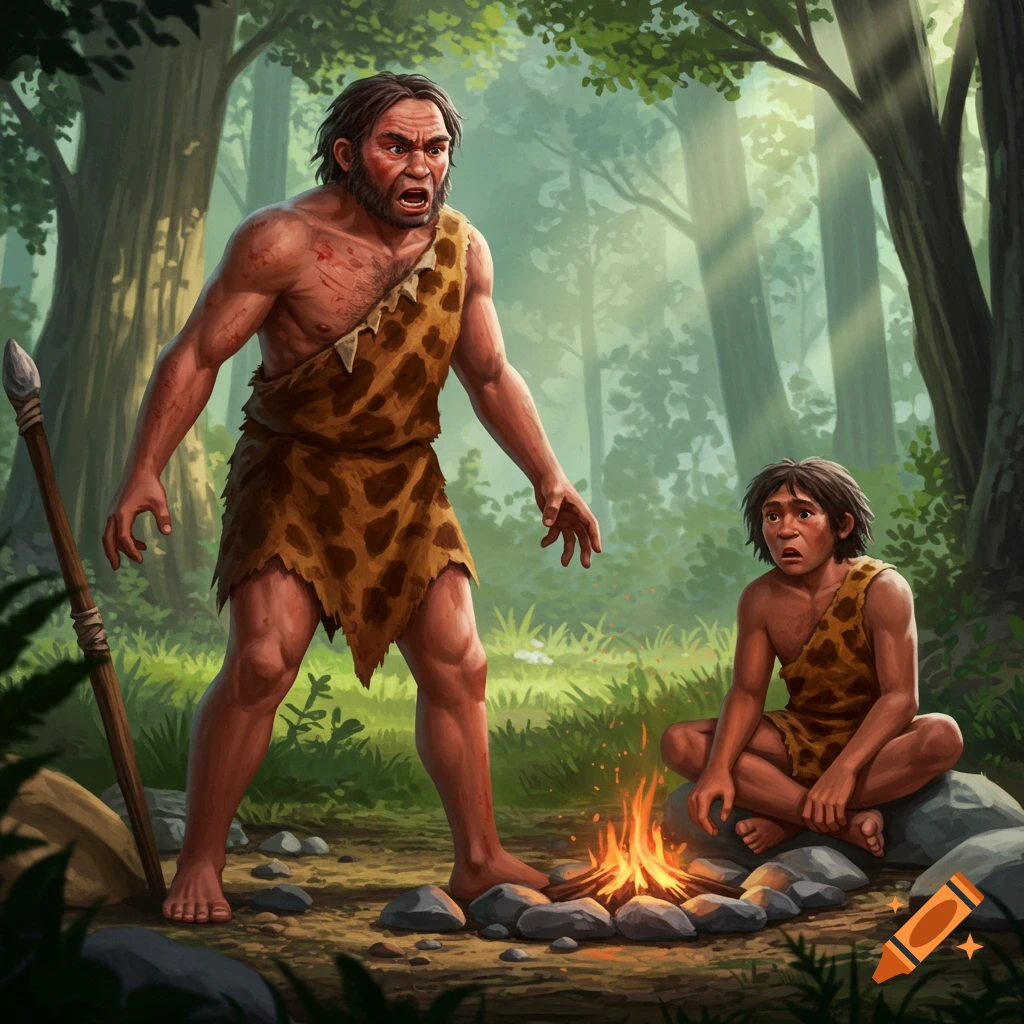 An angry caveman chastises a younger, scared caveman sitting by a campfire in a lush, sunlit forest.