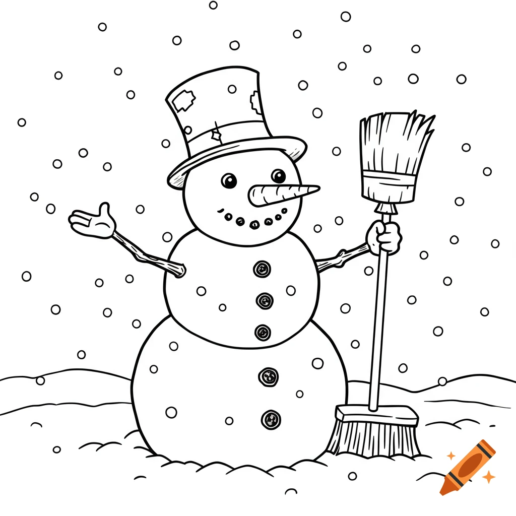 A black and white cartoon snowman wearing a top hat and holding a broom, surrounded by falling snowflakes.