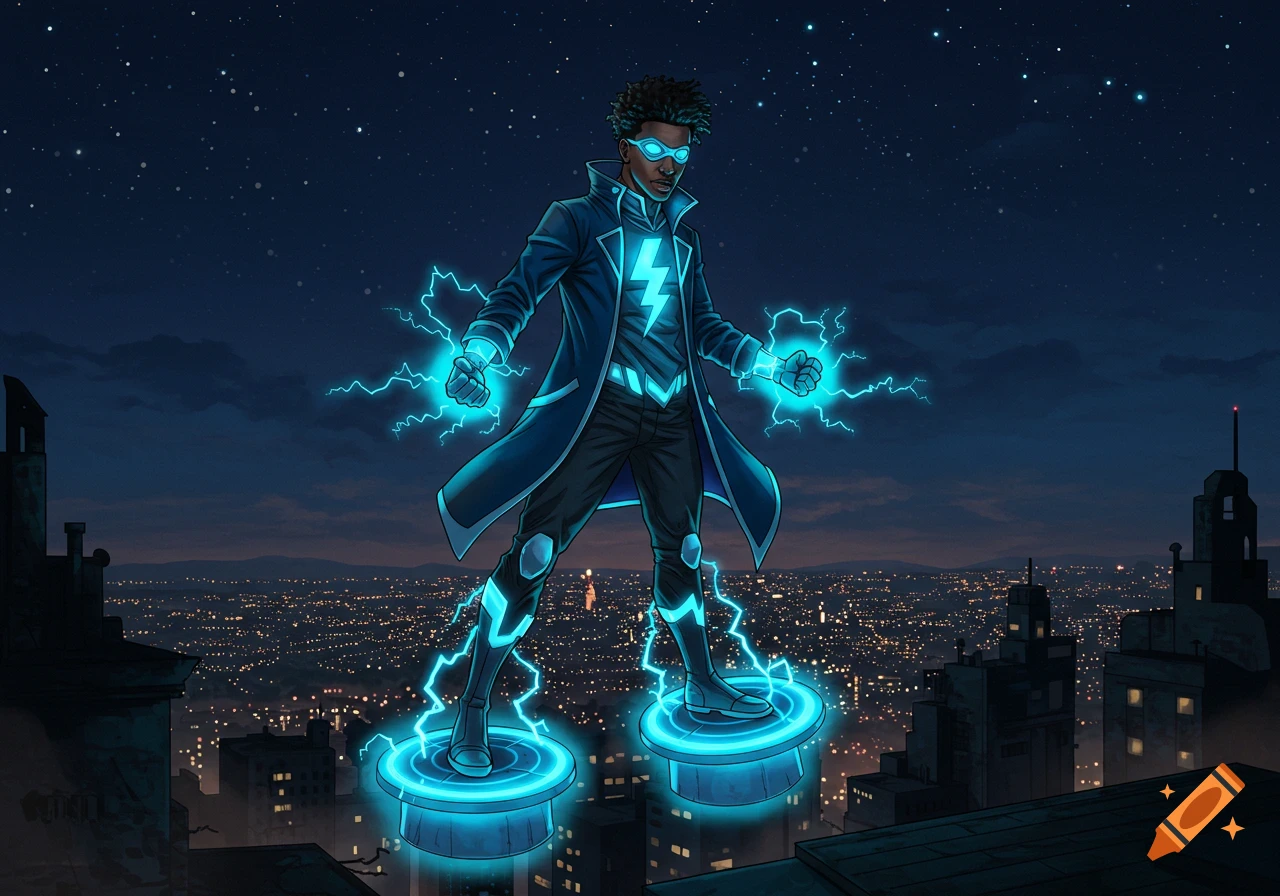 A stylized illustration of Static Shock, an African American superhero, hovering over a city at night on glowing blue disks, with lightning emanating from his hands and feet.