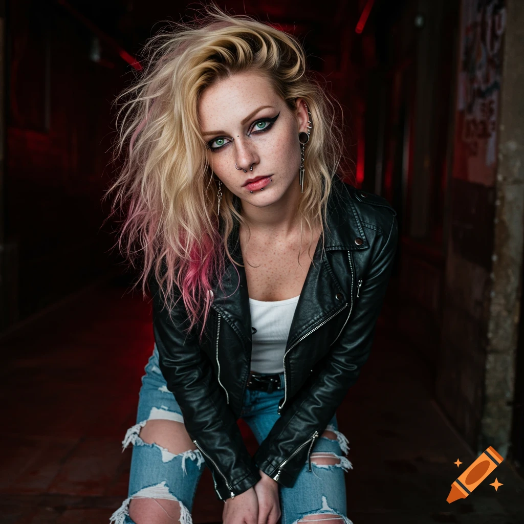 A punk woman with blonde and pink hair, green eyes, and facial piercings, wearing a leather jacket and ripped jeans, kneels.