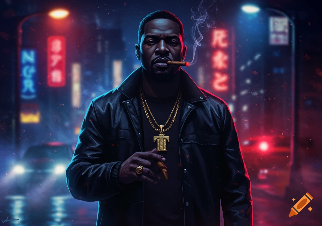 A man in a leather jacket with gold chains and a large 'T' pendant smokes a cigar on a neon-lit city street at night, with a car in the background.