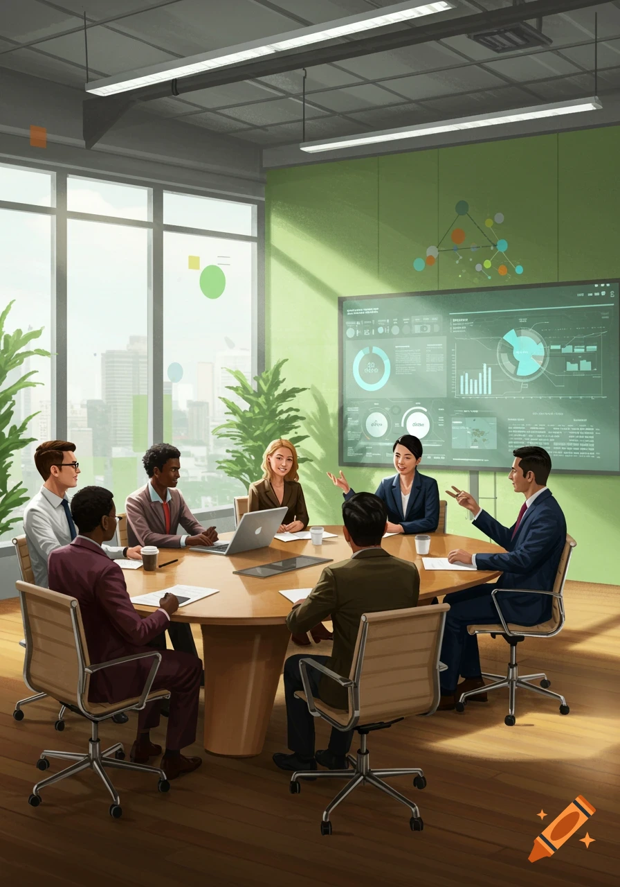 A diverse group of professionals sits around a large table in a modern conference room with large windows and a screen displaying data.