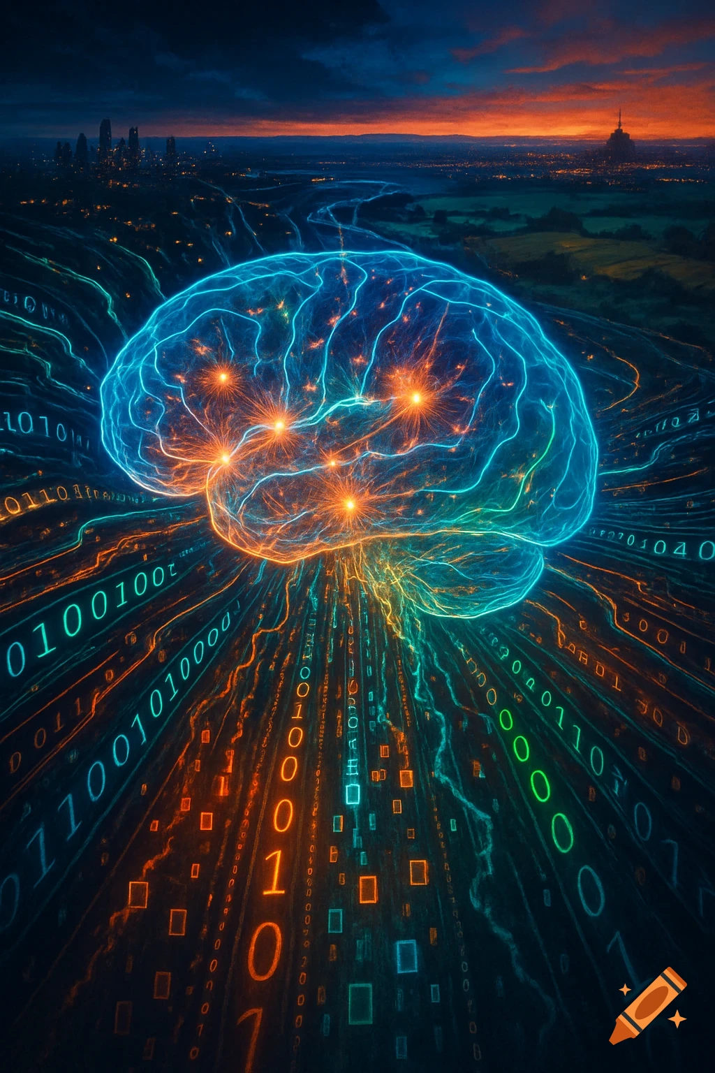 An abstract, vibrant image of a glowing, translucent brain radiating energy and surrounded by streams of binary code, set against a dark cityscape at sunset.