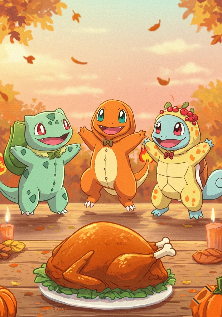 Bulbasaur, Charmander, and Squirtle in Thanksgiving onesies and bow ties dance around a roasted turkey on a wooden table with autumn leaves.