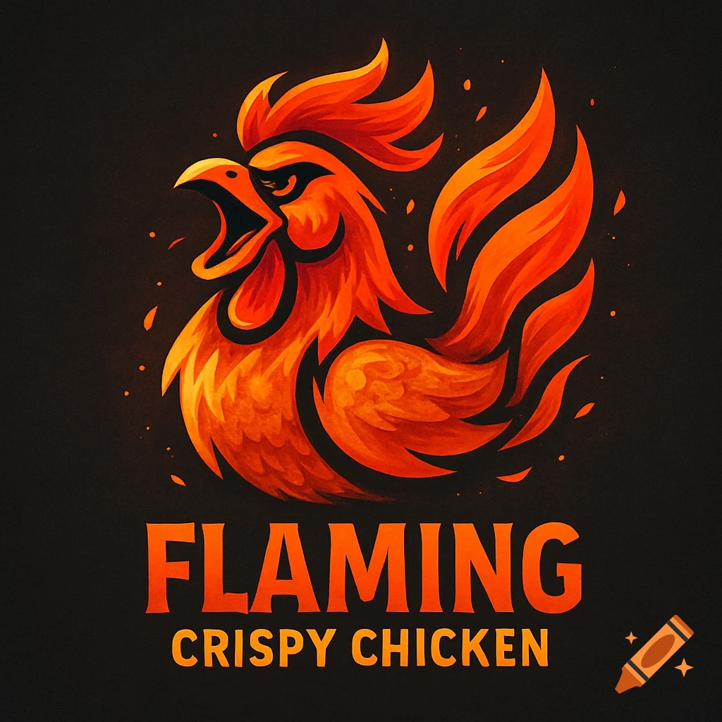 A vibrant logo of a fiery orange chicken with text "FLAMING CRISPY CHICKEN" below it on a dark background.