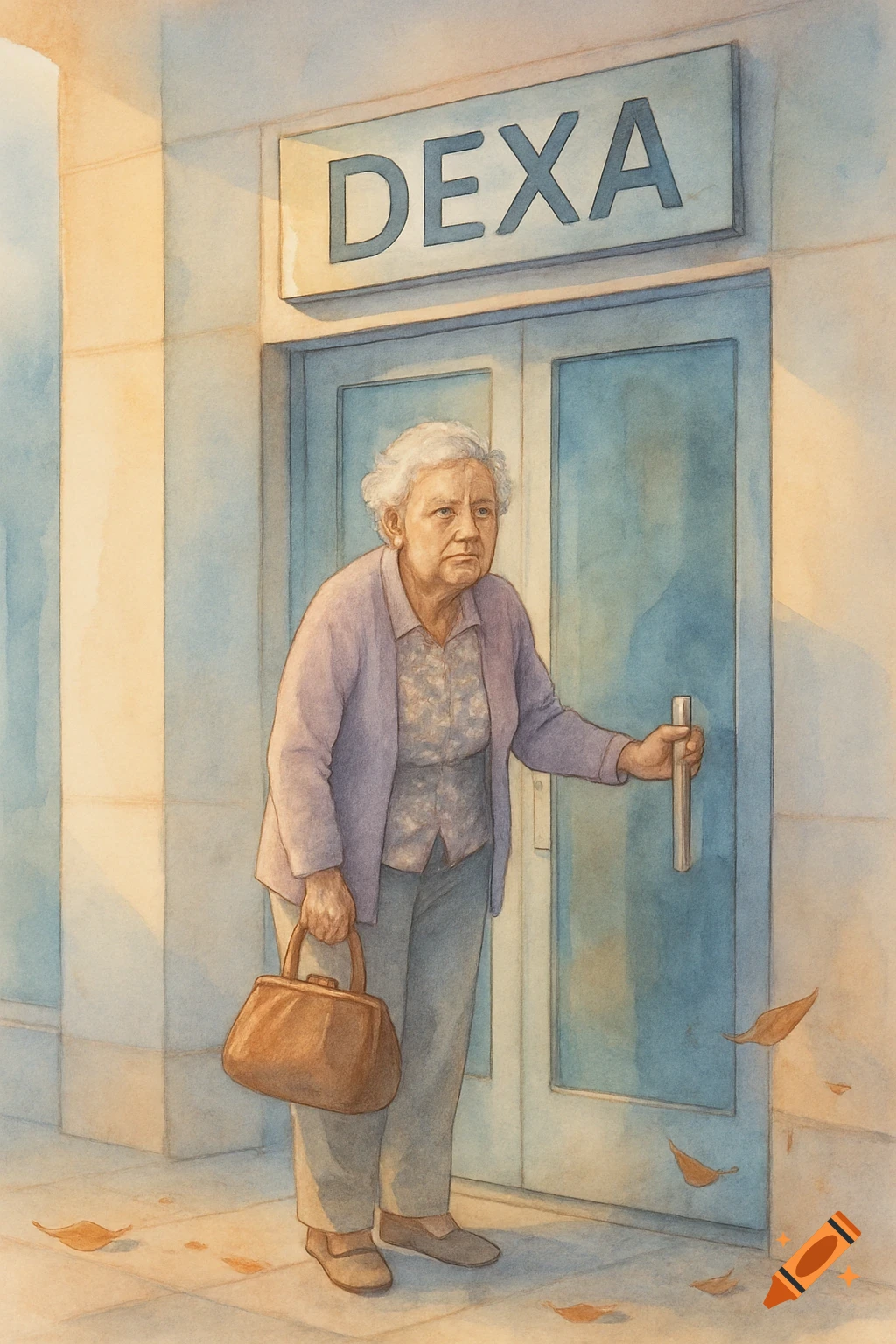 An older woman with white hair, carrying a handbag, stands at the closed door of a clinic building with a "DEXA" sign, in watercolor.