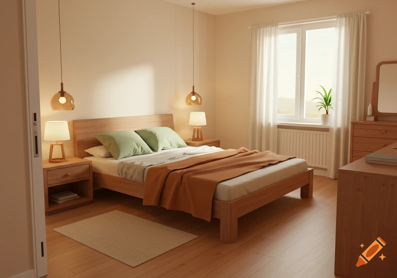A cozy, modern bedroom with a wooden queen bed, light green pillows, an orange blanket, two bedside tables with lamps, a dresser with a mirror, and a plant by a window.