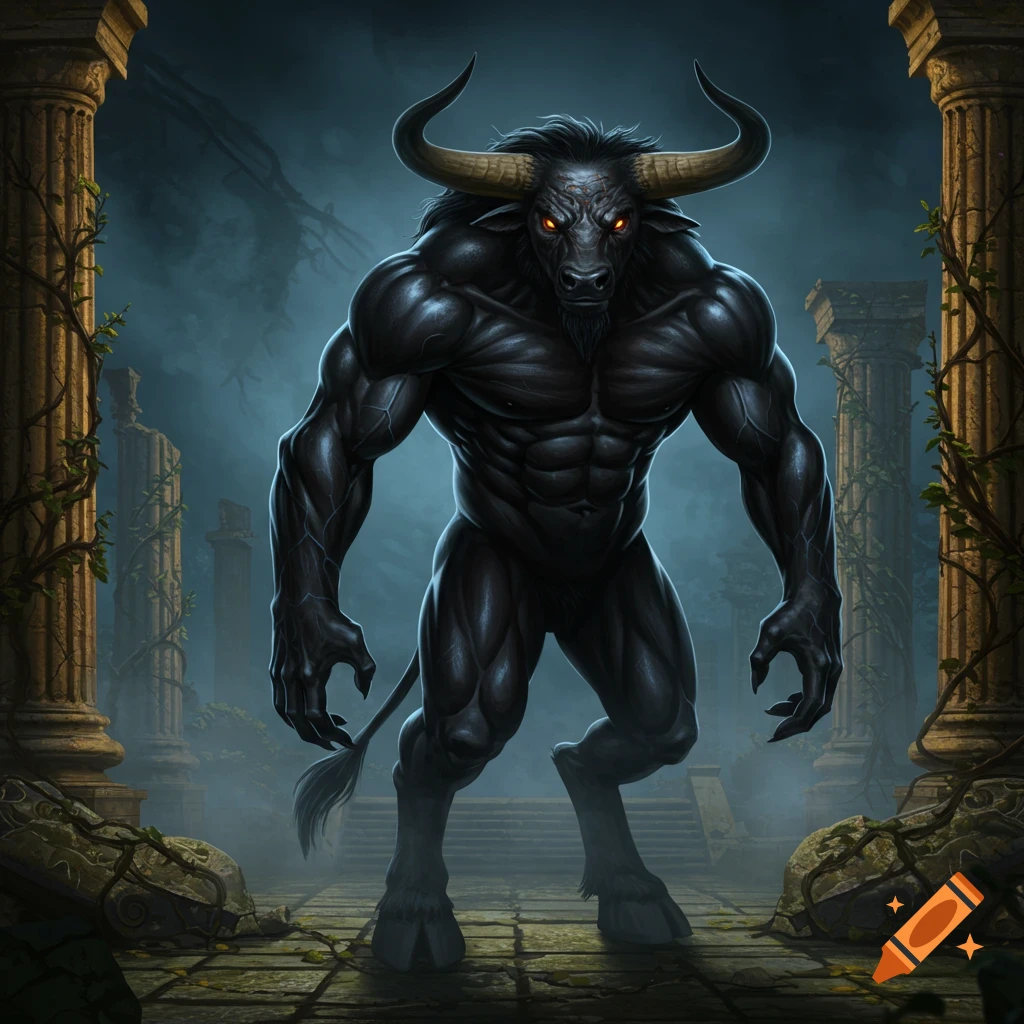 A muscular, dark Minotaur with glowing red eyes stands confidently ...