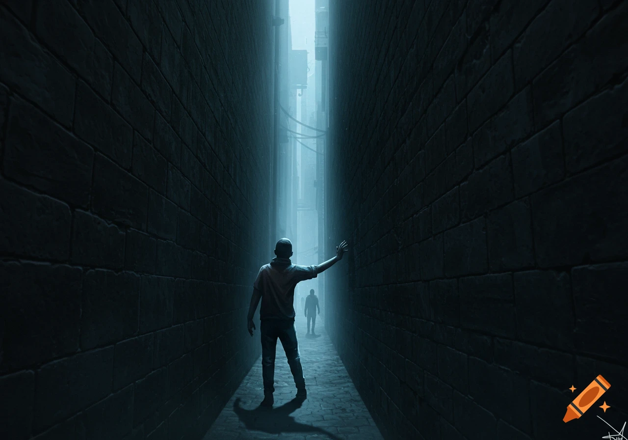 A person in a dark, narrow alley reaches out to a distant figure, light appearing at the end of the brick walls.