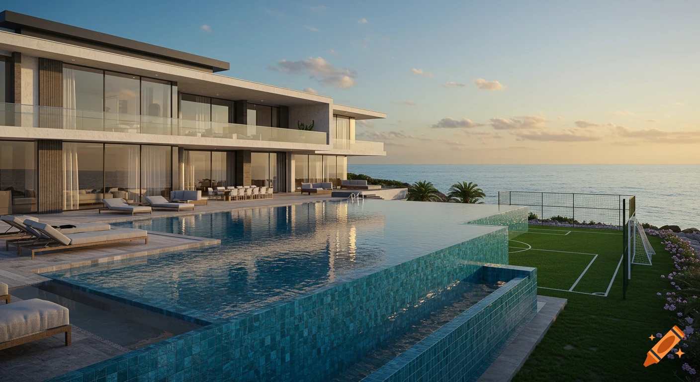A modern luxury house with an infinity pool and a football pitch ...
