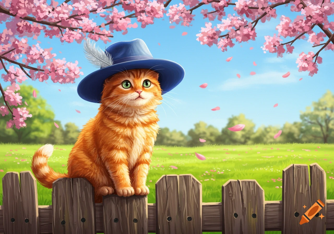 An orange cat with green eyes wearing a blue hat with a feather, sitting on a wooden fence under pink cherry blossoms in a grassy field.