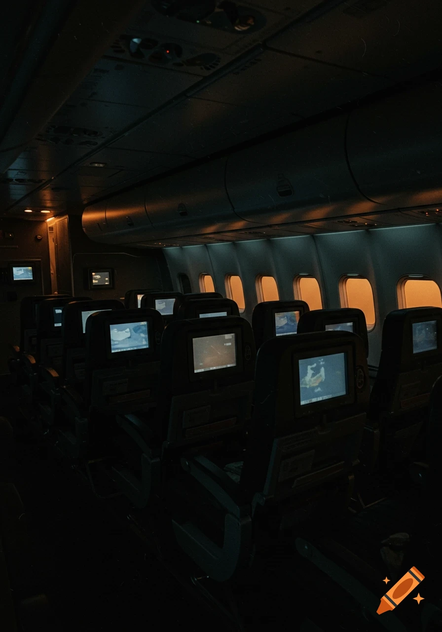 Dark photo inside an empty airplane cabin at night, with orange light from windows and seat-back screens.
