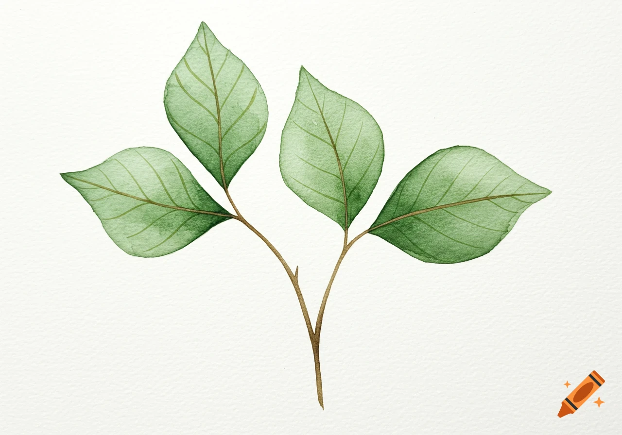 Watercolor illustration of a small branch with four green leaves against a white background.