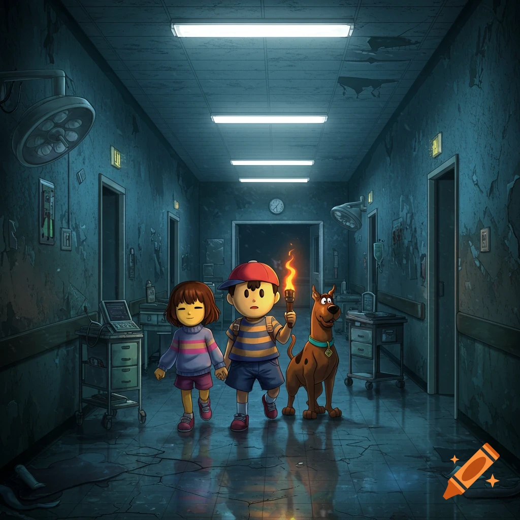 Ness, Frisk, and Scooby-Doo explore a dark, abandoned hospital hallway at night, guided by a torch.