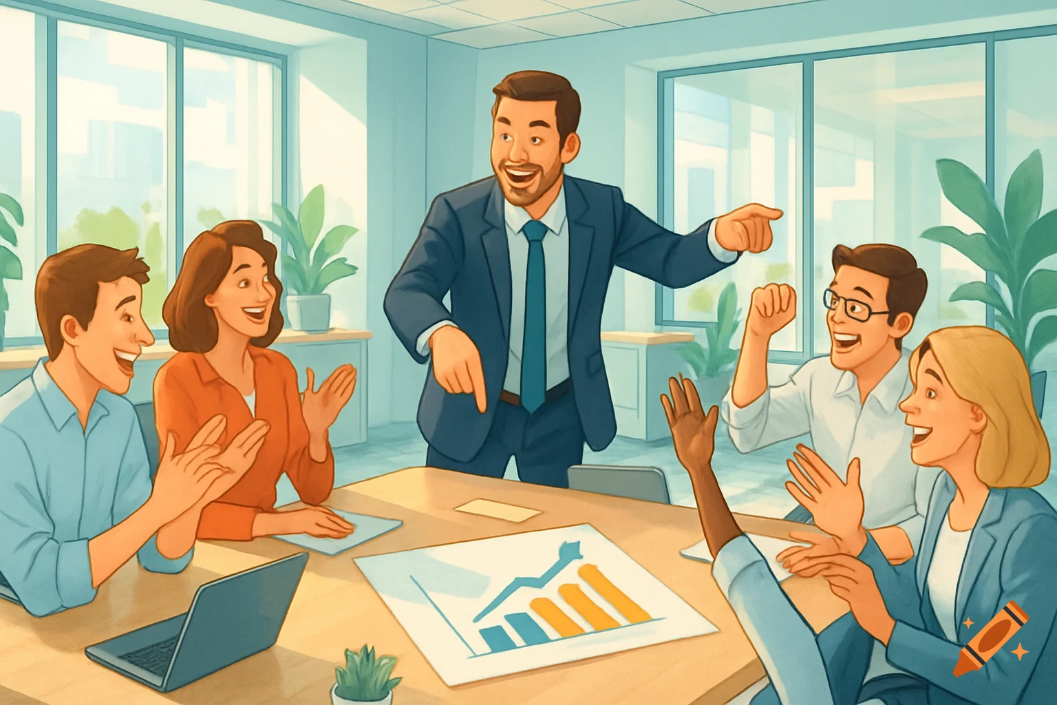 An enthusiastic team meeting with a man presenting a chart to smiling colleagues in a bright, modern office.