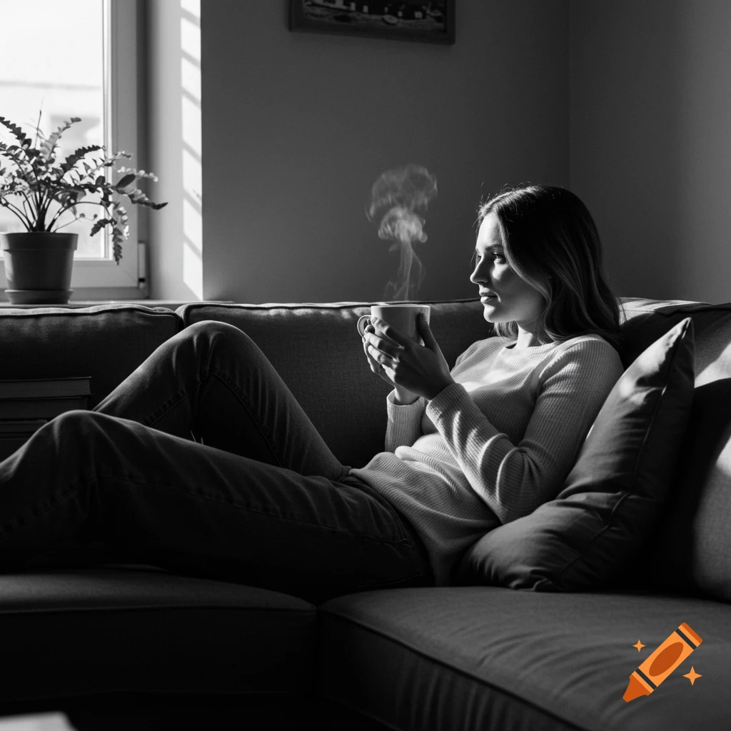A woman relaxes on a sofa, holding a steaming mug, bathed in sunlight from a window, in a black and white photorealistic style.