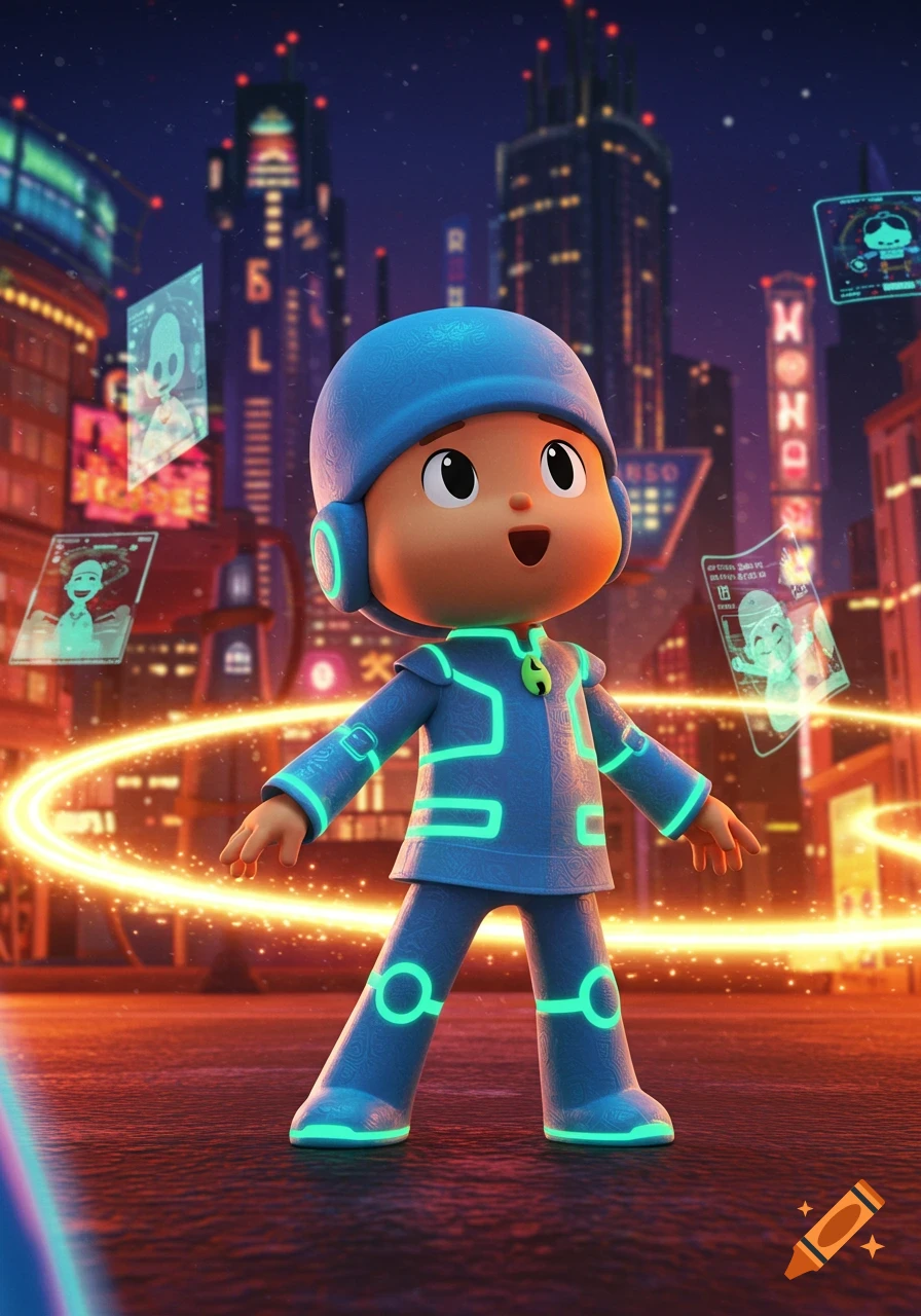 Pocoyo in a blue futuristic suit with glowing lines and helmet, standing in a vibrant neon-lit cyberpunk city with holographic screens.