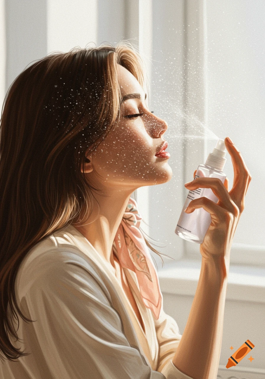 Close-up of a woman with closed eyes enjoying a face mist, soft light illuminates her face and the spray droplets.