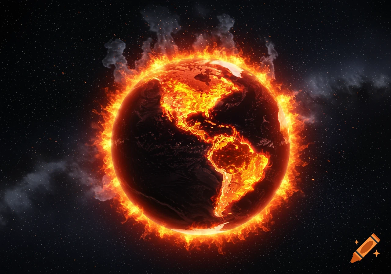 A fiery Earth burns in space, with chaotic flames engulfing the American continents.