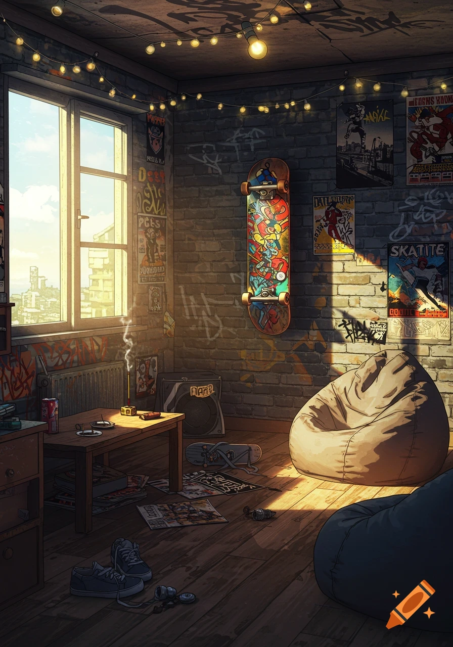 An anime-style, grunge teenager's bedroom with a skateboard on a brick wall, string lights, a bean bag chair, and sunlight streaming through a window.