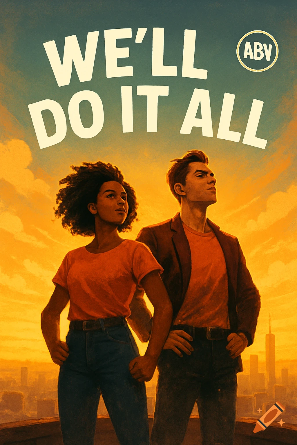 A stylized illustration of a confident woman and man on a rooftop at sunrise, overlooking a golden cityscape, with the text 'WE'LL DO IT ALL' and an 'ABV' logo.