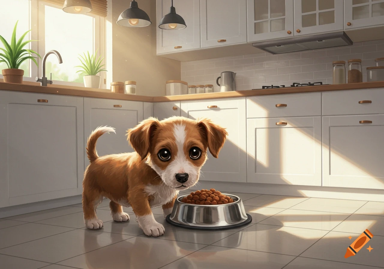 A cute, fluffy brown and white puppy stands next to a bowl of kibble on a tiled kitchen floor, bathed in sunlight.