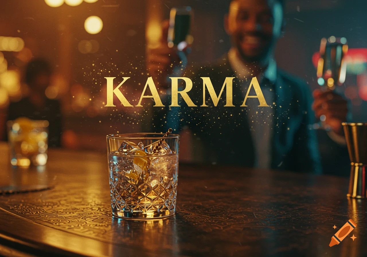 Golden text "KARMA" floats above a crystal glass of gin with ice on a dark bar counter, with a smiling person toasting in the blurry background.