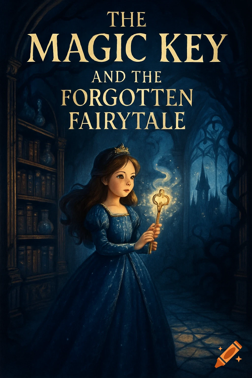 Fairytale book cover showing a princess holding a glowing key in a dark, magical room. Title: THE MAGIC KEY AND THE FORGOTTEN FAIRYTALE.