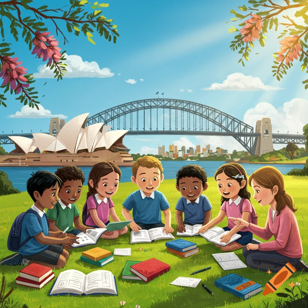 Cartoon illustration of diverse children and a teacher studying outdoors in a park with the Sydney Opera House and Harbour Bridge in the background.