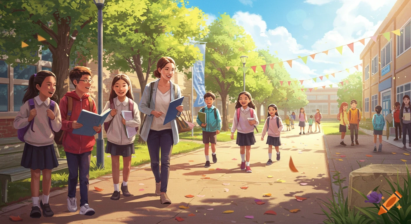An illustration of a teacher and diverse elementary students walking on a sunny path outside a school building with trees and colorful flags.