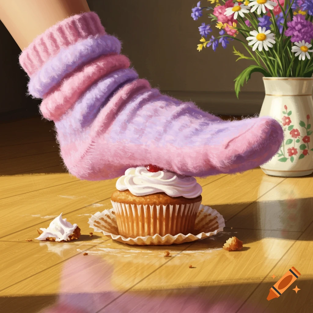 A foot in a pink and purple fuzzy sock crushes a cupcake on a wooden floor, with a vase of colorful flowers in the background.