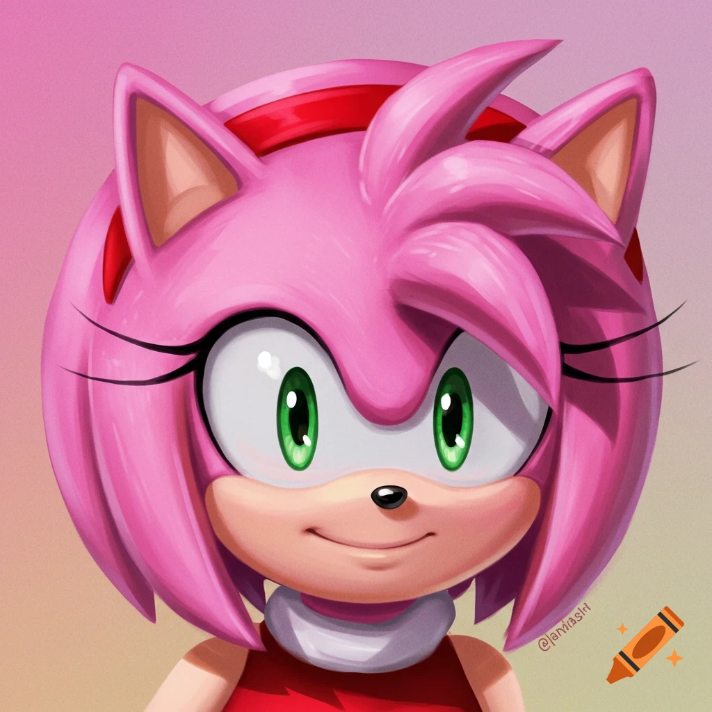 Close-up digital art portrait of Amy Rose, a pink hedgehog character with green eyes, smiling against a soft gradient background.