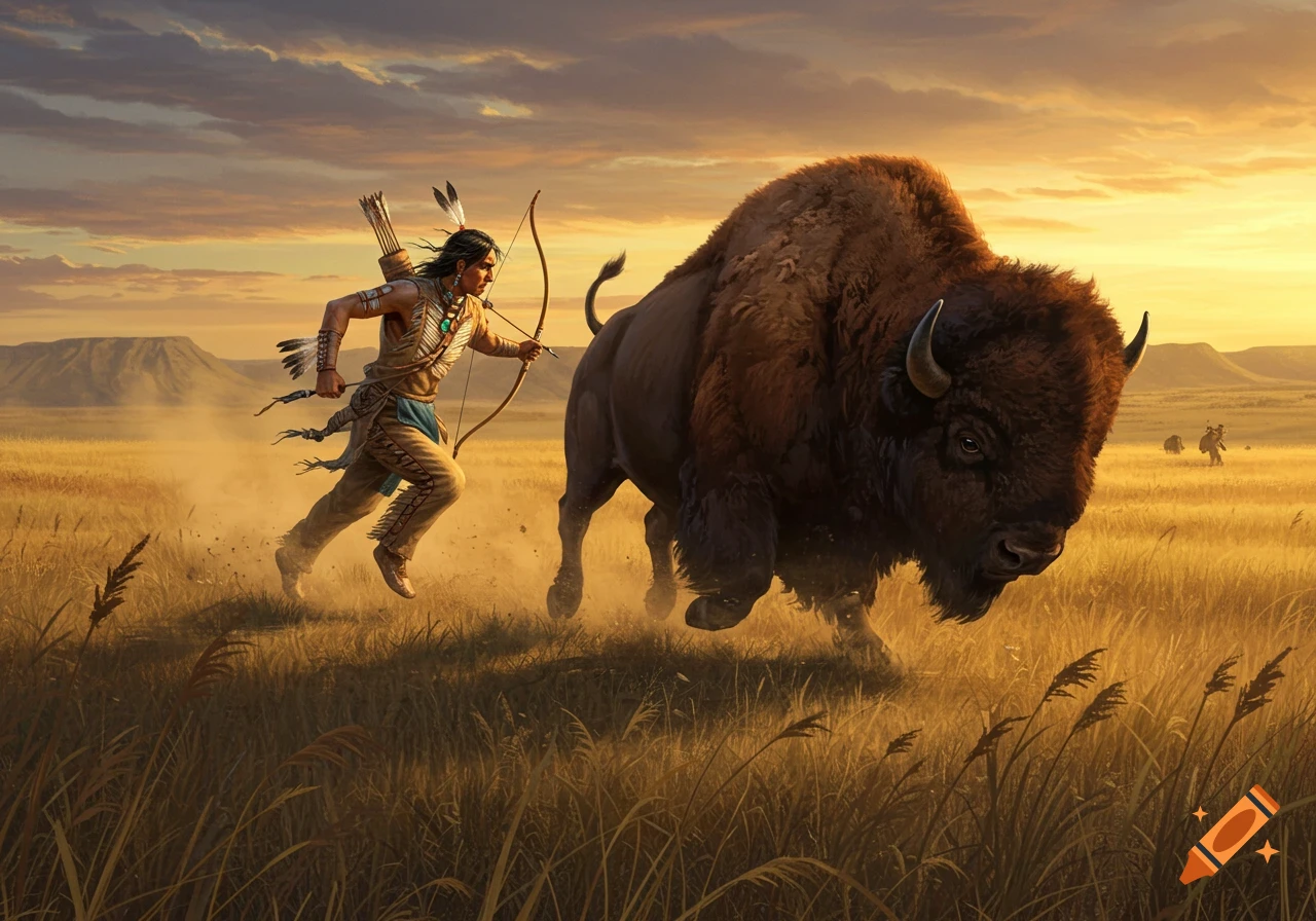 A Native American hunter runs with a bow, chasing a large buffalo across a sunlit prairie at sunset, with mountains in the distance.