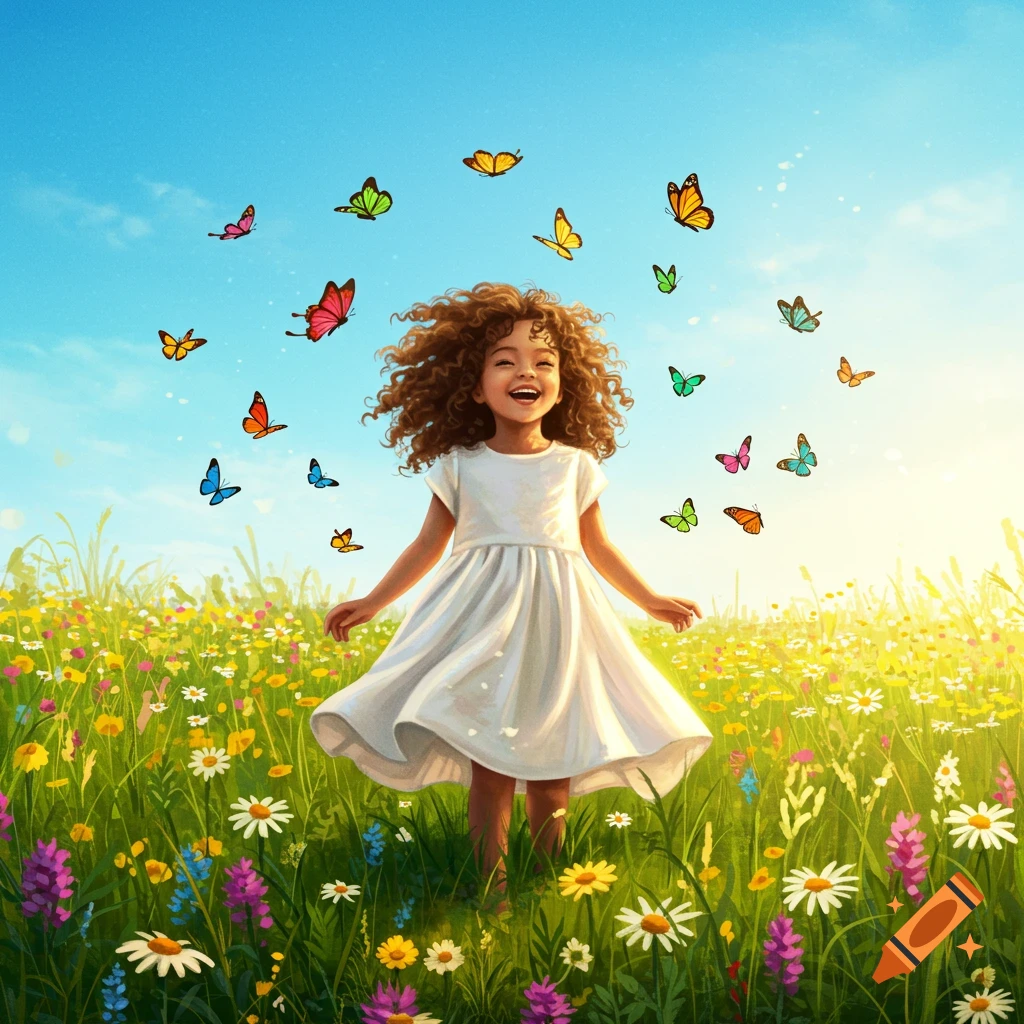 A happy young girl with curly hair stands smiling in a sunny field of colorful wildflowers with butterflies flying around her.