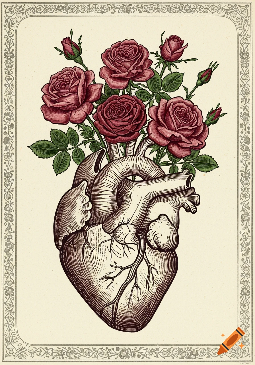 Vintage linocut illustration of an anatomical heart with red roses and green leaves growing from its top, framed by an ornate border.