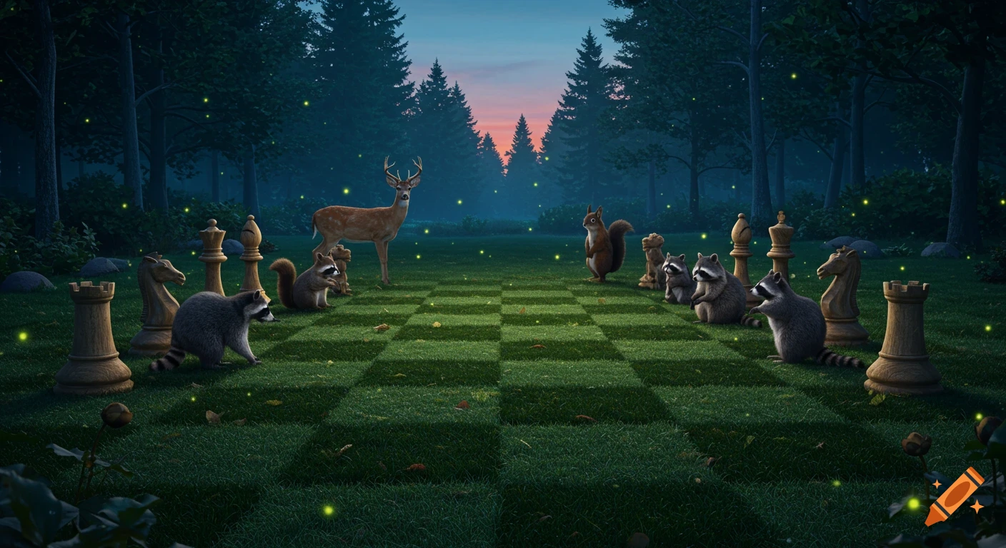 Deer, squirrels, and raccoons act as chess pieces on a glowing chessboard lawn in an evening forest with fireflies.