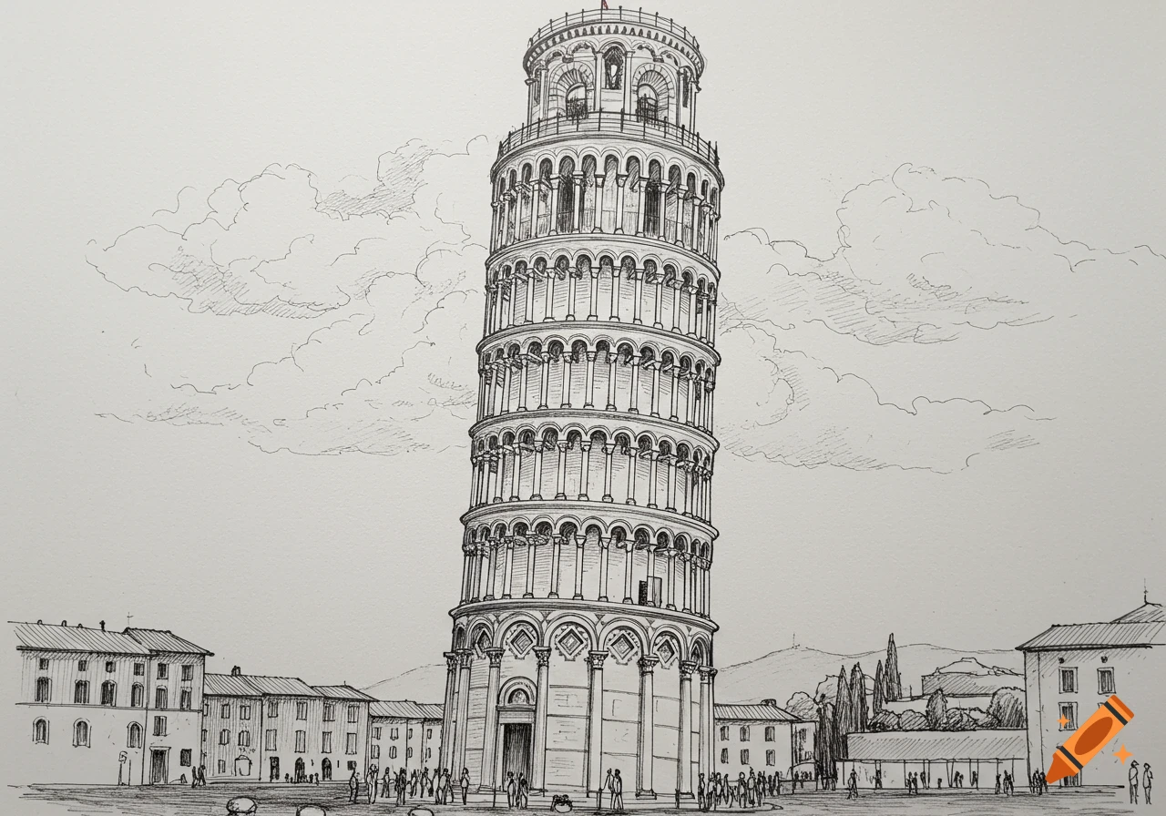 A detailed black and white pen and ink sketch of the leaning Tower of Pisa surrounded by buildings and people.